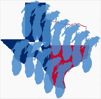 Przykład zastosowania amerykańskich jednostek – intuicyjnie widać, że powierzchnia Teksasu jest równa dwunastu jeziorom Michigan
